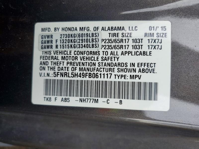 Продаж на аукціоні авто 2015 Honda Odyssey, vin: 5FNRL5H49FB061117, номер лоту: 66911906