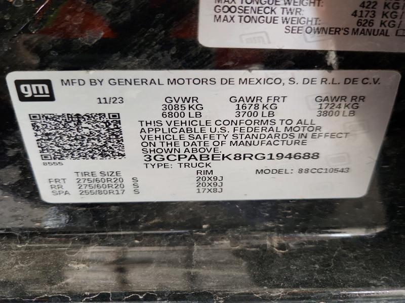 Продаж на аукціоні авто 2024 Chevrolet Silverado, vin: 3GCPABEK8RG194688, номер лоту: 64723186