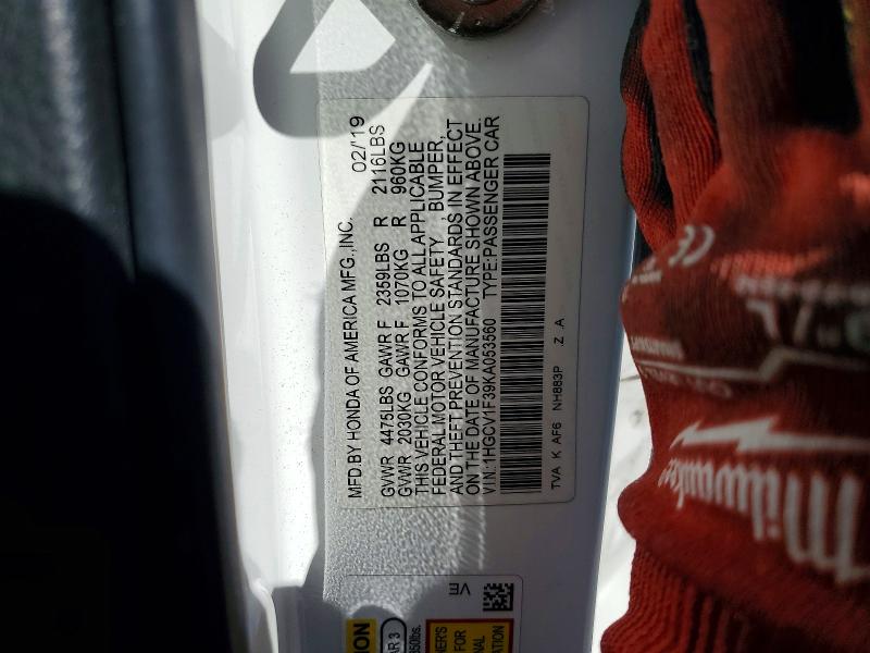 2019 Honda Accord მანქანა იყიდება აუქციონზე, vin: 1HGCV1F39KA053560, აუქციონის ნომერი: 65047366