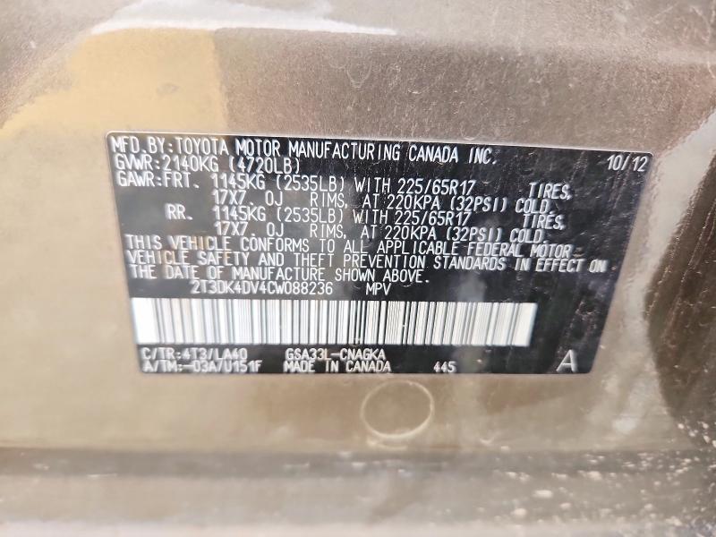 63865466 :رقم المزاد ، 2T3DK4DV4CW088236 vin ، 2012 Toyota Rav4 مزاد بيع