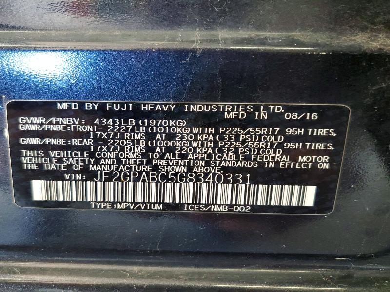 63043356 :رقم المزاد ، JF2GPABC5G8340331 vin ، 2016 Subaru Crosstrek مزاد بيع