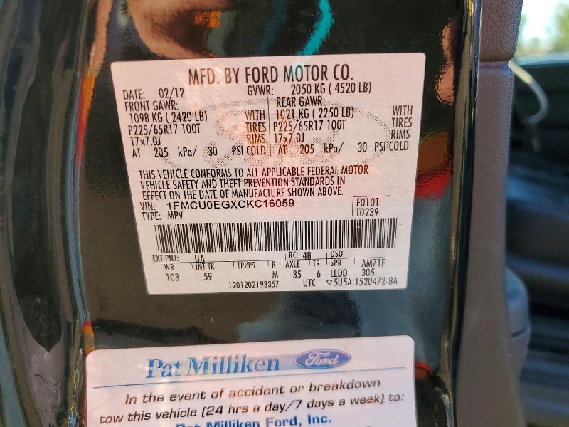 2012 Ford Escape მანქანა იყიდება აუქციონზე, vin: 1FMCU0EGXCKC16059, აუქციონის ნომერი: 65237976
