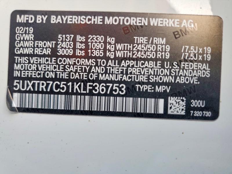 63313876 :رقم المزاد ، 5UXTR7C51KLF36753 vin ، 2019 Bmw X3 مزاد بيع