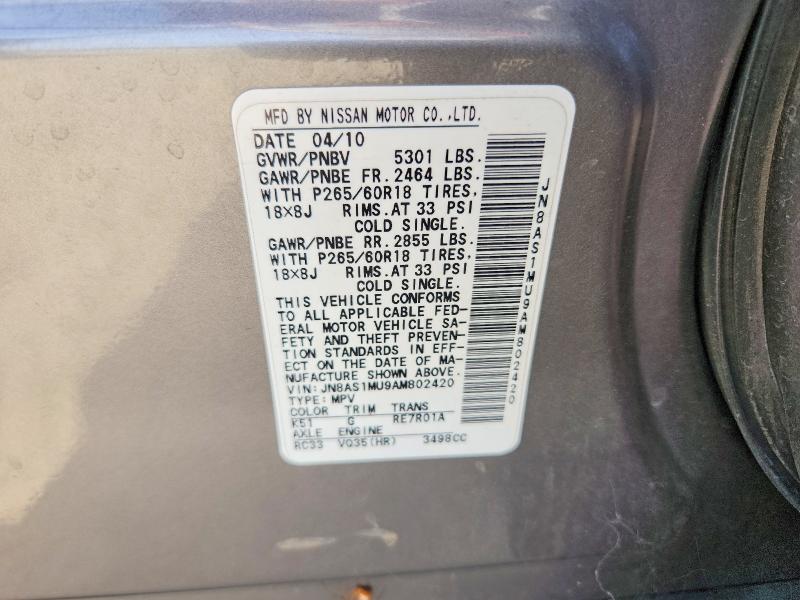 61454246 :رقم المزاد ، JN8AS1MU9AM802420 vin ، 2010 Infiniti Fx35 مزاد بيع
