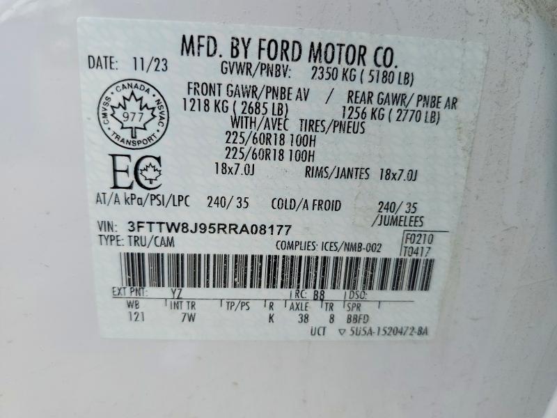 Aukcja sprzedaży 2024 Ford Maverick, vin: 3FTTW8J95RRA08177, numer aukcji: 64426686