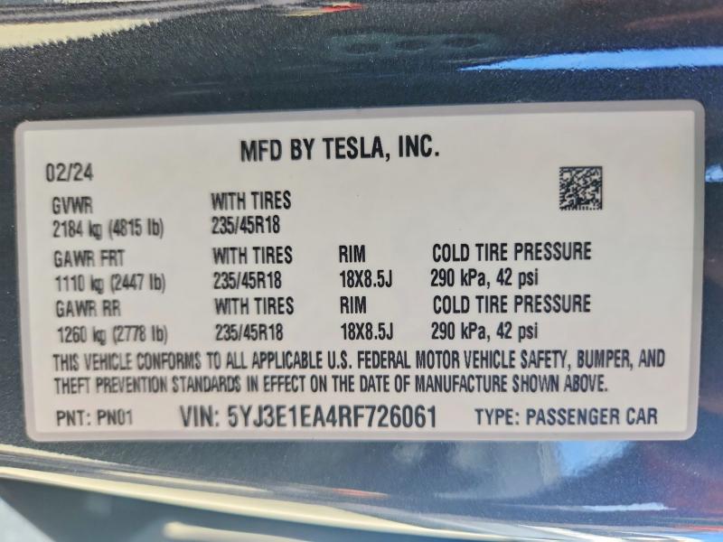 Aukcja sprzedaży 2024 Tesla Model 3, vin: 5YJ3E1EA4RF726061, numer aukcji: 64046586