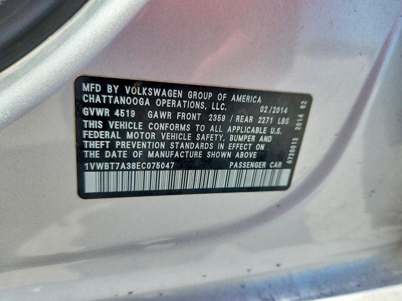2014 Volkswagen Passat მანქანა იყიდება აუქციონზე, vin: 1VWBT7A38EC075047, აუქციონის ნომერი: 63457506