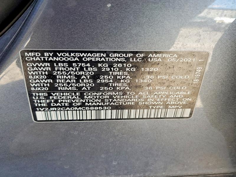 Aukcja sprzedaży 2021 Volkswagen Atlas, vin: 1V2JR2CA0MC588530, numer aukcji: 65234526