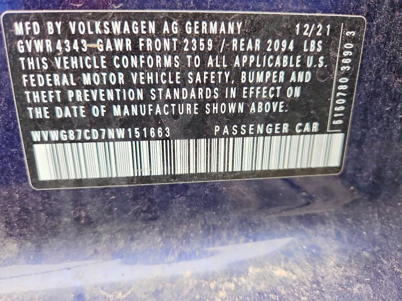 Aukcja sprzedaży 2022 Volkswagen Gti, vin: WVWG87CD7NW151663, numer aukcji: 64633216
