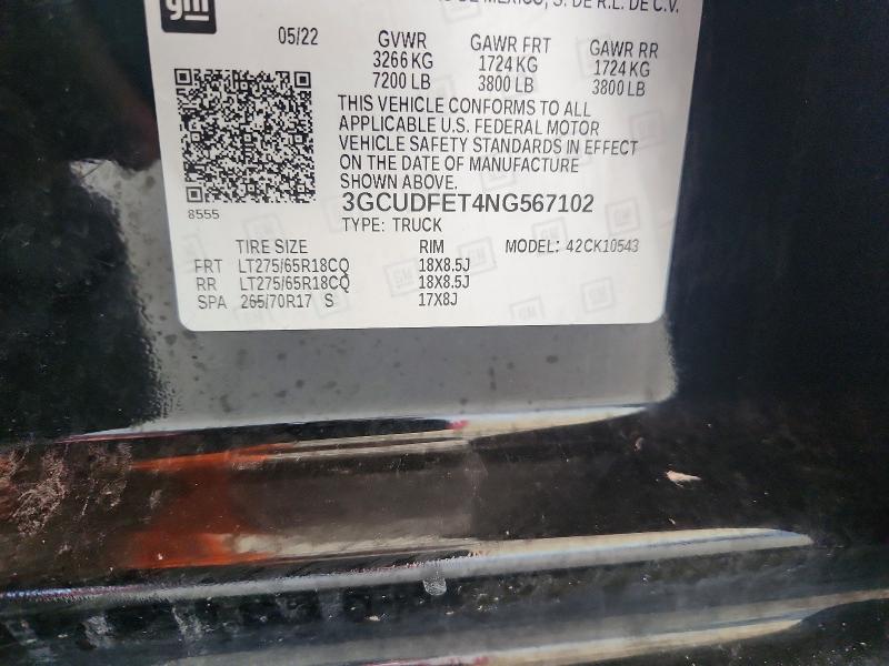 64566046 :رقم المزاد ، 3GCUDFET4NG567102 vin ، 2022 Chevrolet Silverado مزاد بيع