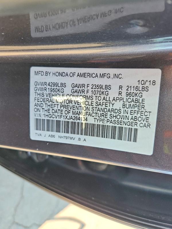 Продаж на аукціоні авто 2018 Honda Accord, vin: 1HGCV1F1XJA264134, номер лоту: 64986726