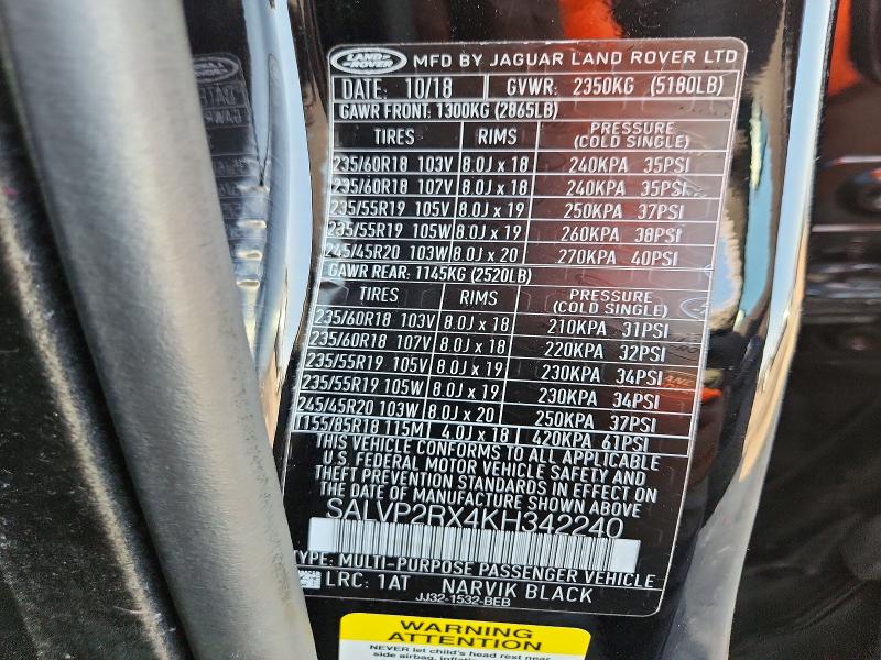 65592906 :رقم المزاد ، SALVP2RX4KH342240 vin ، 2019 Land Rover Range Rover Evoque مزاد بيع