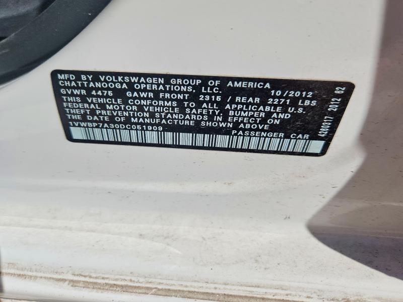 Продажа на аукционе авто 2013 Volkswagen Passat, vin: 1VWBP7A30DC051909, номер лота: 65484656