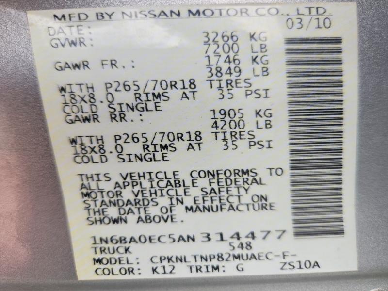 64476076 :رقم المزاد ، 1N6BA0EC5AN314477 vin ، 2010 Nissan Titan مزاد بيع