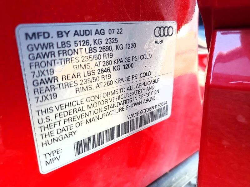 2022 Audi Q3 მანქანა იყიდება აუქციონზე, vin: WA1EECF36N1150524, აუქციონის ნომერი: 63886216