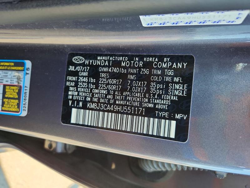 63967466 :رقم المزاد ، KM8J3CA49HU551171 vin ، 2017 Hyundai Tucson مزاد بيع
