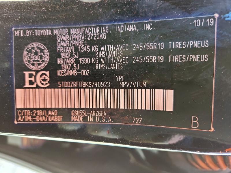 Продажа на аукционе авто 2019 Toyota Highlander, vin: 5TDDZRFH8KS740923, номер лота: 66290876
