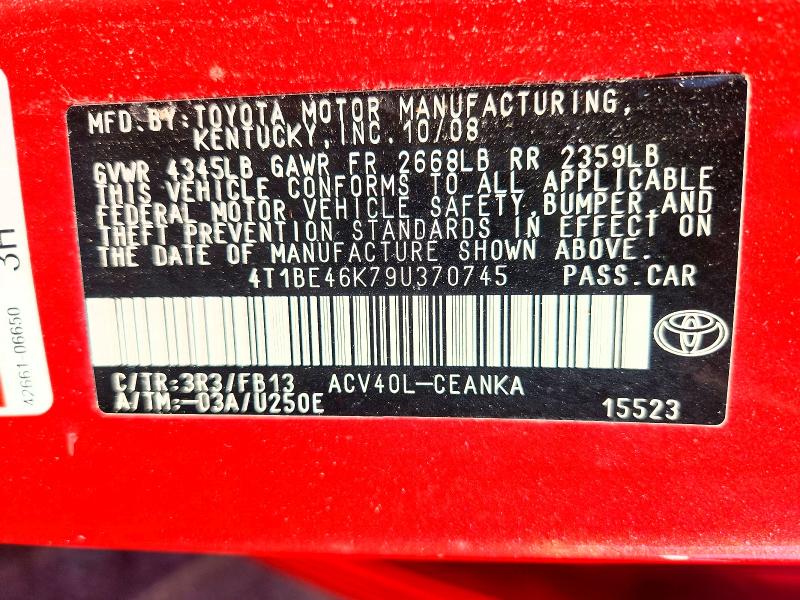 2009 Toyota Camry მანქანა იყიდება აუქციონზე, vin: 4T1BE46K79U370745, აუქციონის ნომერი: 64286046