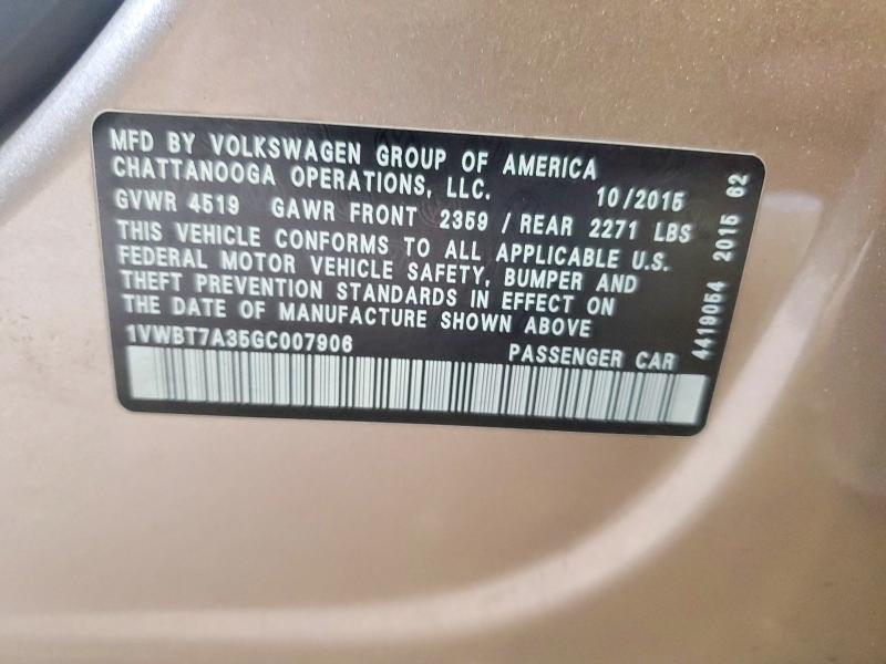 Продажа на аукционе авто 2016 Volkswagen Passat, vin: 1VWBT7A35GC007906, номер лота: 63754096