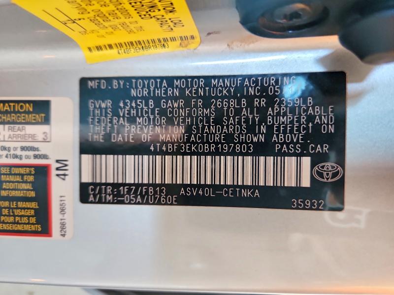 Продажа на аукционе авто 2011 Toyota Camry, vin: 4T4BF3EK0BR197803, номер лота: 66038466