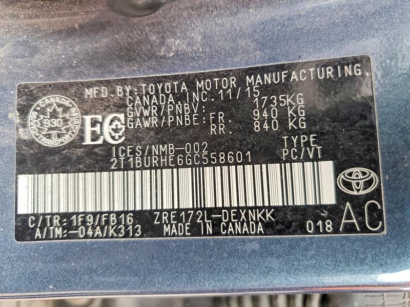 2016 Toyota Corolla მანქანა იყიდება აუქციონზე, vin: 2T1BURHE6GC558601, აუქციონის ნომერი: 62585516