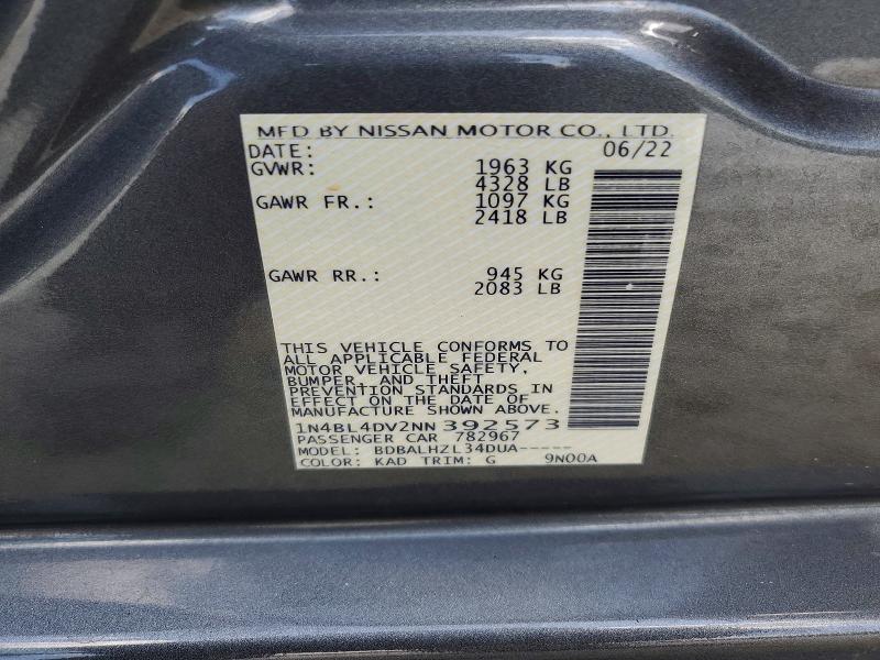 2022 Nissan Altima მანქანა იყიდება აუქციონზე, vin: 1N4BL4DV2NN392573, აუქციონის ნომერი: 65224786
