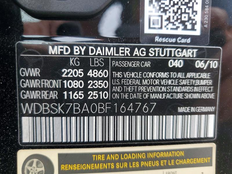 2011 Mercedes-benz Sl მანქანა იყიდება აუქციონზე, vin: WDBSK7BA0BF164767, აუქციონის ნომერი: 65265296