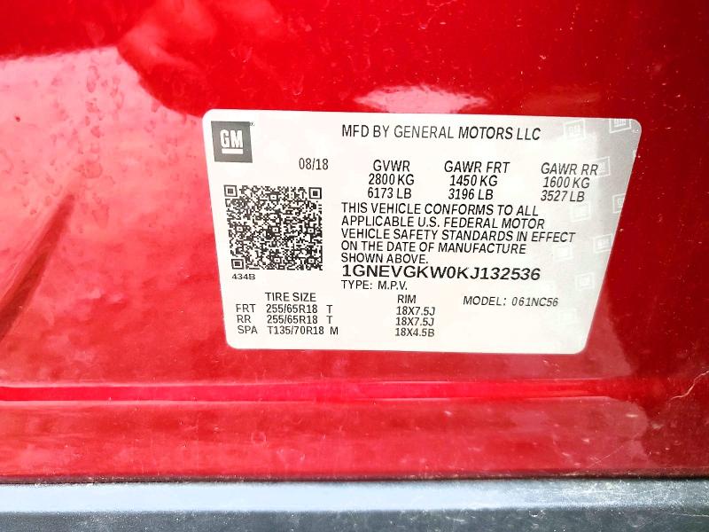 Продаж на аукціоні авто 2019 Chevrolet Traverse, vin: 1GNEVGKW0KJ132536, номер лоту: 63621966
