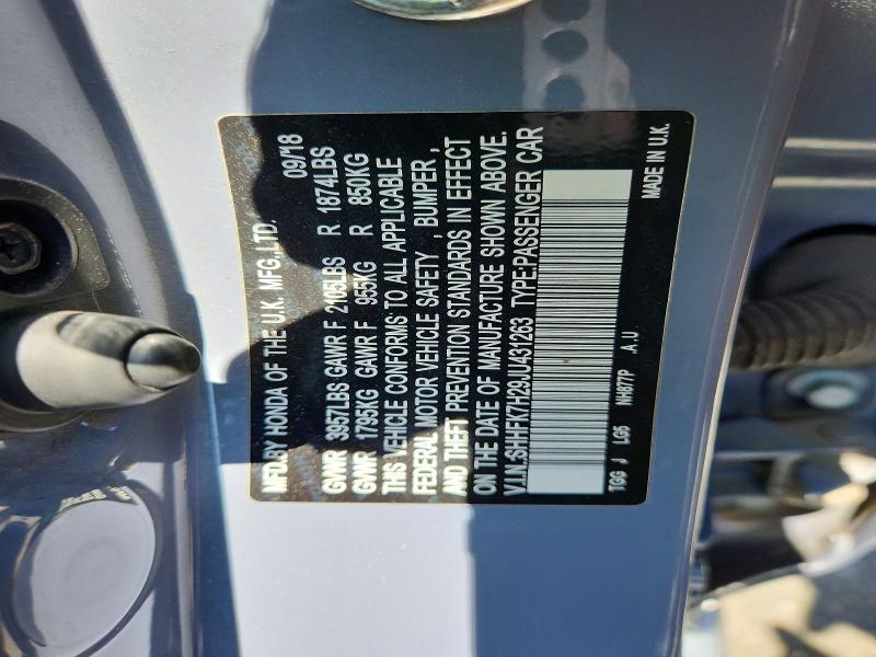 67151896 :رقم المزاد ، SHHFK7H29JU431263 vin ، 2018 Honda Civic مزاد بيع