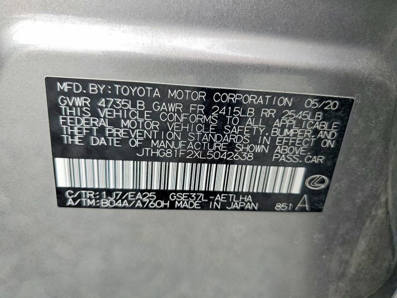 Aukcja sprzedaży 2020 Lexus Is, vin: JTHG81F2XL5042638, numer aukcji: 64545936