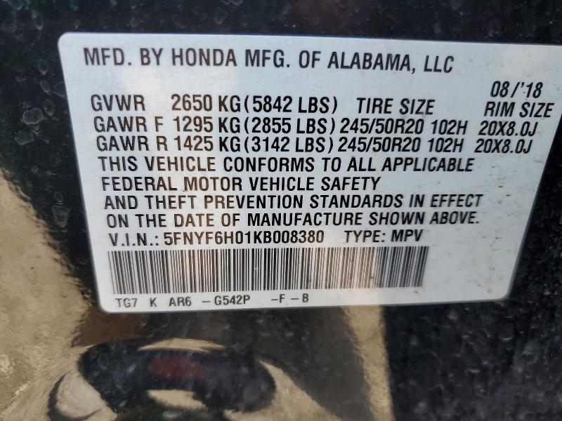 2019 Honda Pilot მანქანა იყიდება აუქციონზე, vin: 5FNYF6H01KB008380, აუქციონის ნომერი: 63186996