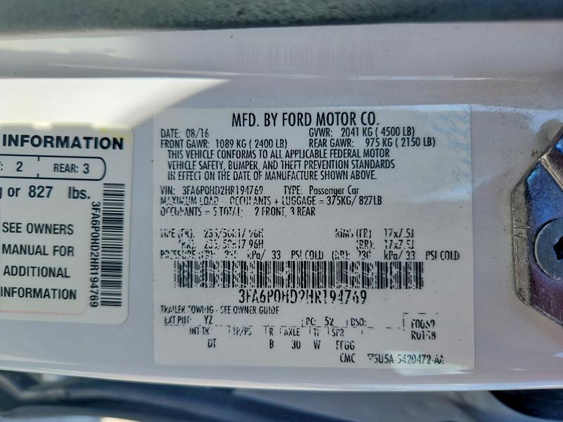 66092276 :رقم المزاد ، 3FA6P0HD2HR194769 vin ، 2017 Ford Fusion مزاد بيع