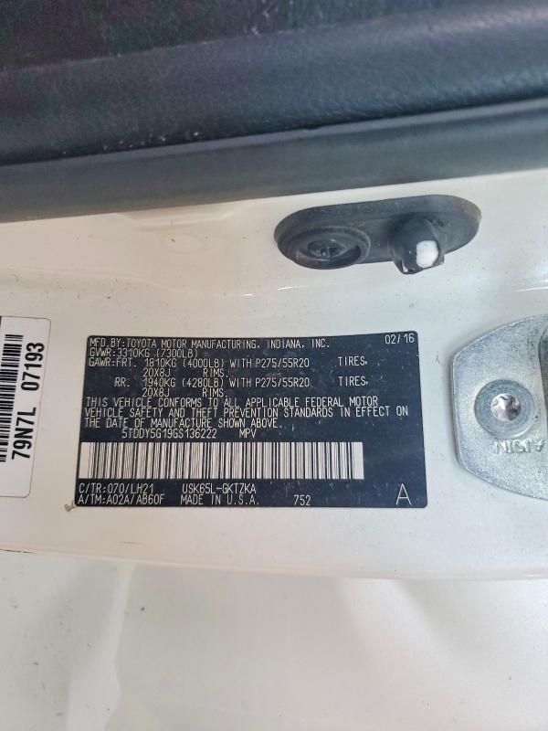 Aukcja sprzedaży 2016 Toyota Sequoia, vin: 5TDDY5G19GS136222, numer aukcji: 64484126