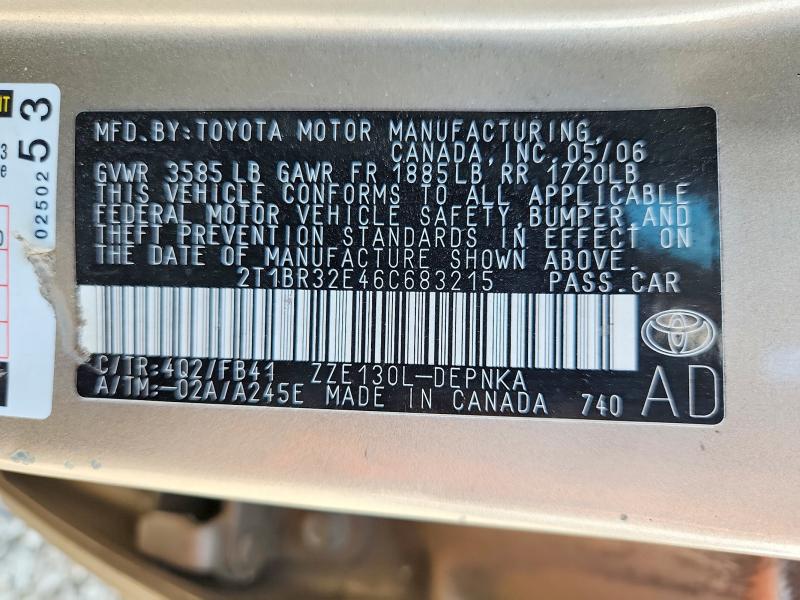 Продаж на аукціоні авто 2006 Toyota Corolla, vin: 2T1BR32E46C683215, номер лоту: 66265836