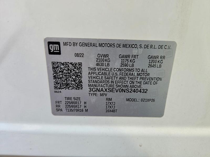 63441626 :رقم المزاد ، 3GNAXSEV0NS240432 vin ، 2022 Chevrolet Equinox مزاد بيع