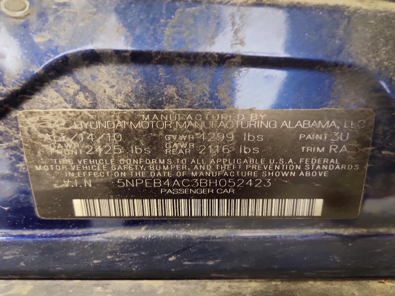 2011 Hyundai Sonata მანქანა იყიდება აუქციონზე, vin: 5NPEB4AC3BH052423, აუქციონის ნომერი: 65889256