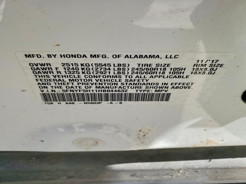 66482336 :رقم المزاد ، 5FNYF5H11HB044632 vin ، 2017 Honda Pilot مزاد بيع