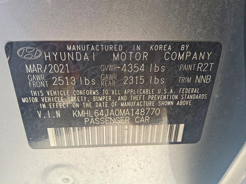 Продаж на аукціоні авто 2021 Hyundai Sonata, vin: KMHL64JA0MA148770, номер лоту: 64488816