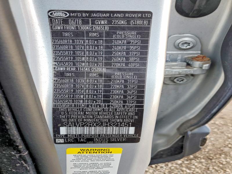 Auction sale of the 2018 Land Rover Range Rover Evoque, vin: SALVP2RX2JH321451, lot number: 65154546