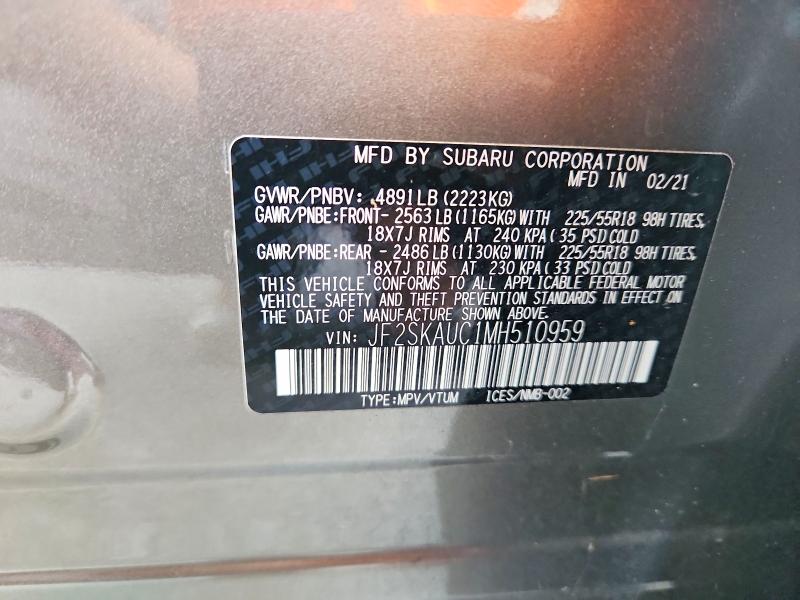 Auction sale of the 2021 Subaru Forester, vin: JF2SKAUC1MH510959, lot number: 64367546