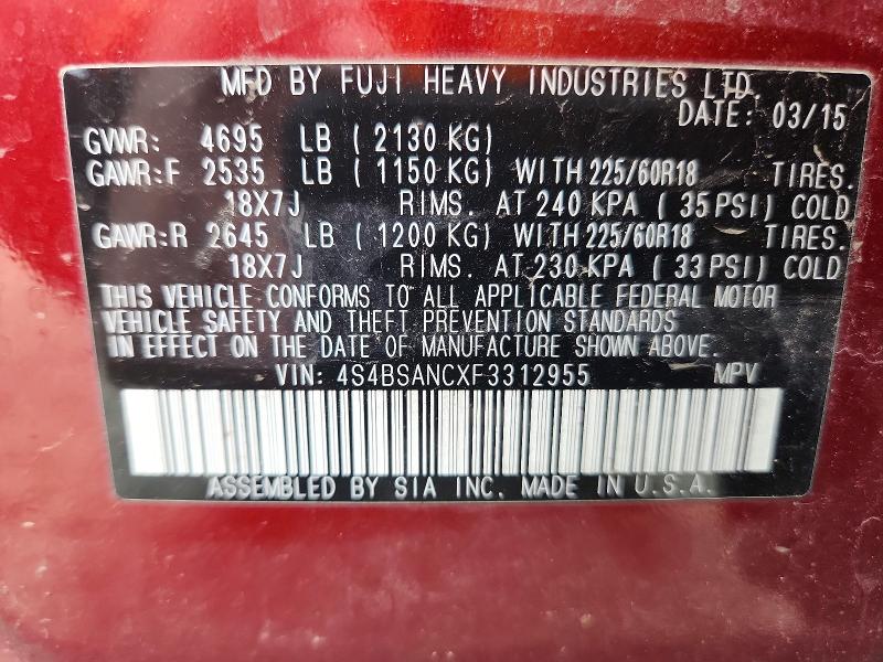 Продажа на аукционе авто 2015 Subaru Outback, vin: 4S4BSANCXF3312955, номер лота: 65904626