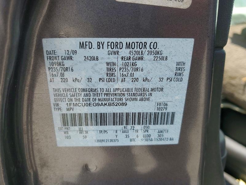 2010 Ford Escape მანქანა იყიდება აუქციონზე, vin: 1FMCU0EG9AKB52089, აუქციონის ნომერი: 62272526