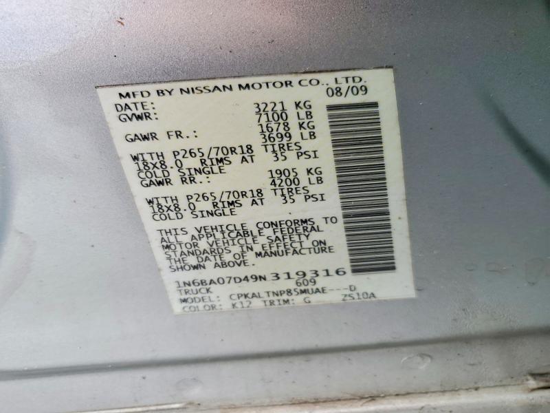 2009 Nissan Titan მანქანა იყიდება აუქციონზე, vin: 1N6BA07D49N319316, აუქციონის ნომერი: 64935726