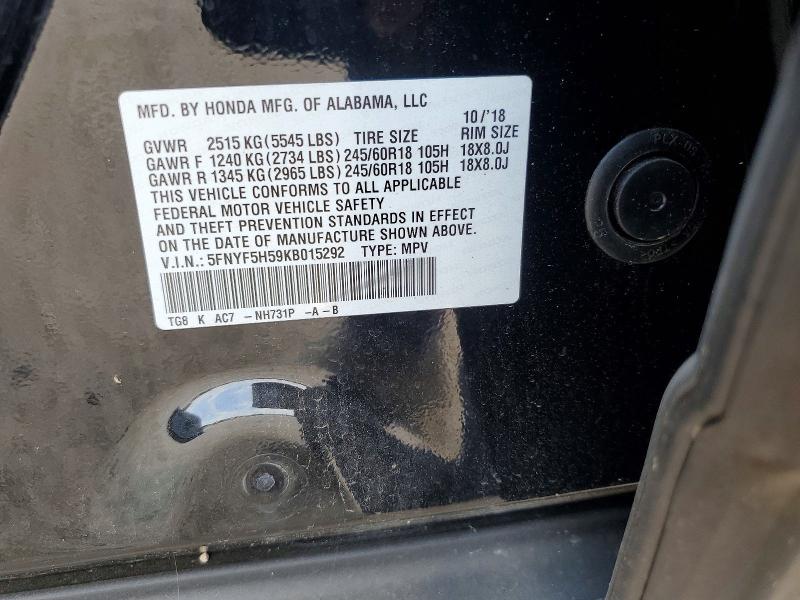 64293876 :رقم المزاد ، 5FNYF5H59KB015292 vin ، 2019 Honda Pilot مزاد بيع