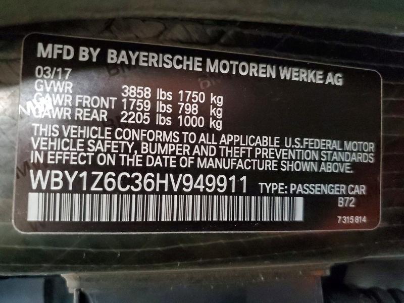 Aukcja sprzedaży 2017 Bmw I3, vin: WBY1Z6C36HV949911, numer aukcji: 64234806