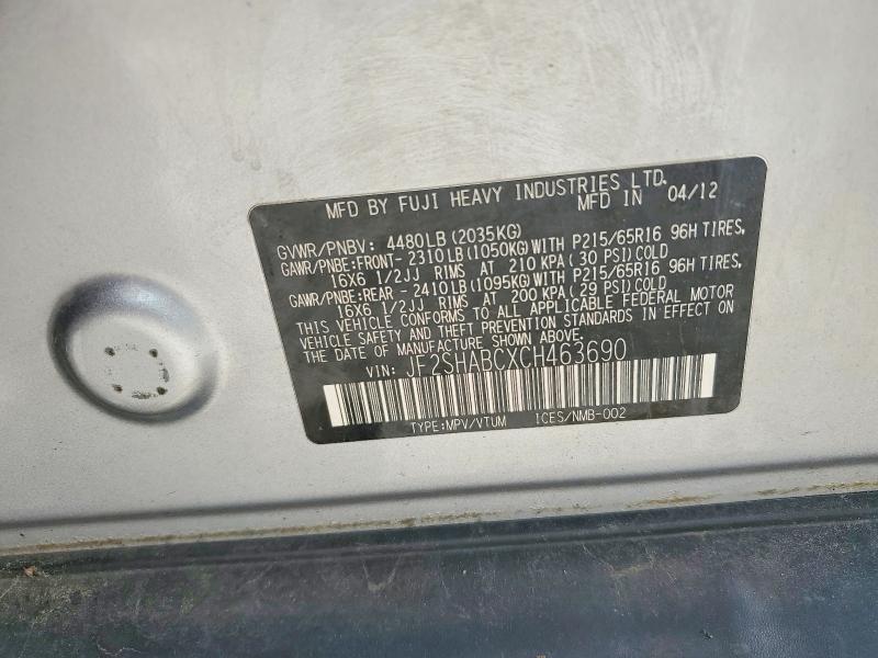 63987176 :رقم المزاد ، JF2SHABCXCH463690 vin ، 2012 Subaru Forester مزاد بيع