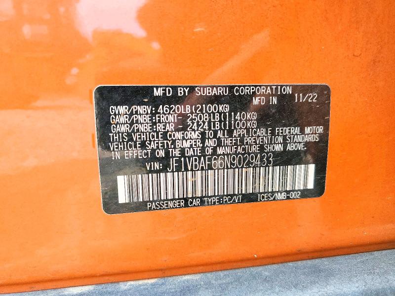 Продаж на аукціоні авто 2022 Subaru Wrx, vin: JF1VBAF66N9029433, номер лоту: 67107486