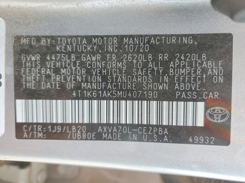 Продаж на аукціоні авто 2021 Toyota Camry, vin: 4T1K61AK5MU407190, номер лоту: 63658196