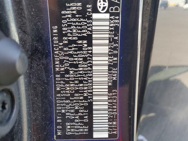 Aukcja sprzedaży 2014 Toyota Corolla, vin: 5YFBURHE6EP137748, numer aukcji: 65490326