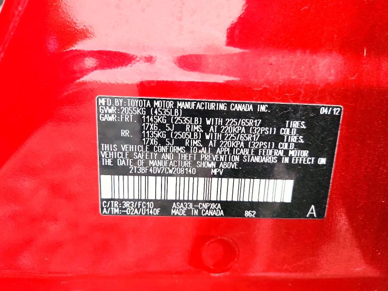 Aukcja sprzedaży 2012 Toyota Rav4, vin: 2T3BF4DV7CW208140, numer aukcji: 63859266